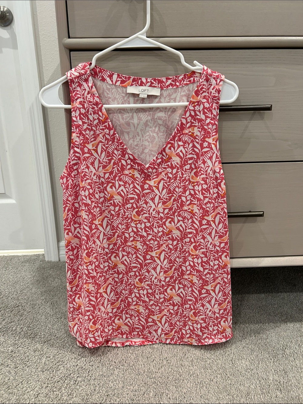 LOFT Pink Floral and Bird Print V-Neck Sleeveless Top